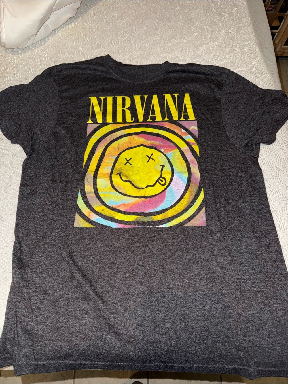 NIRVANA Black Tee with Yellow Smiley Neck Print